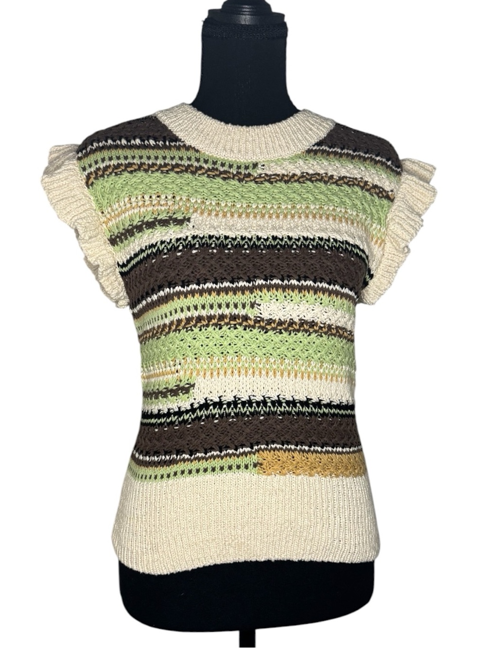 Another Love Cream, Green & Brown Striped Ruffle Sleeve Sweater